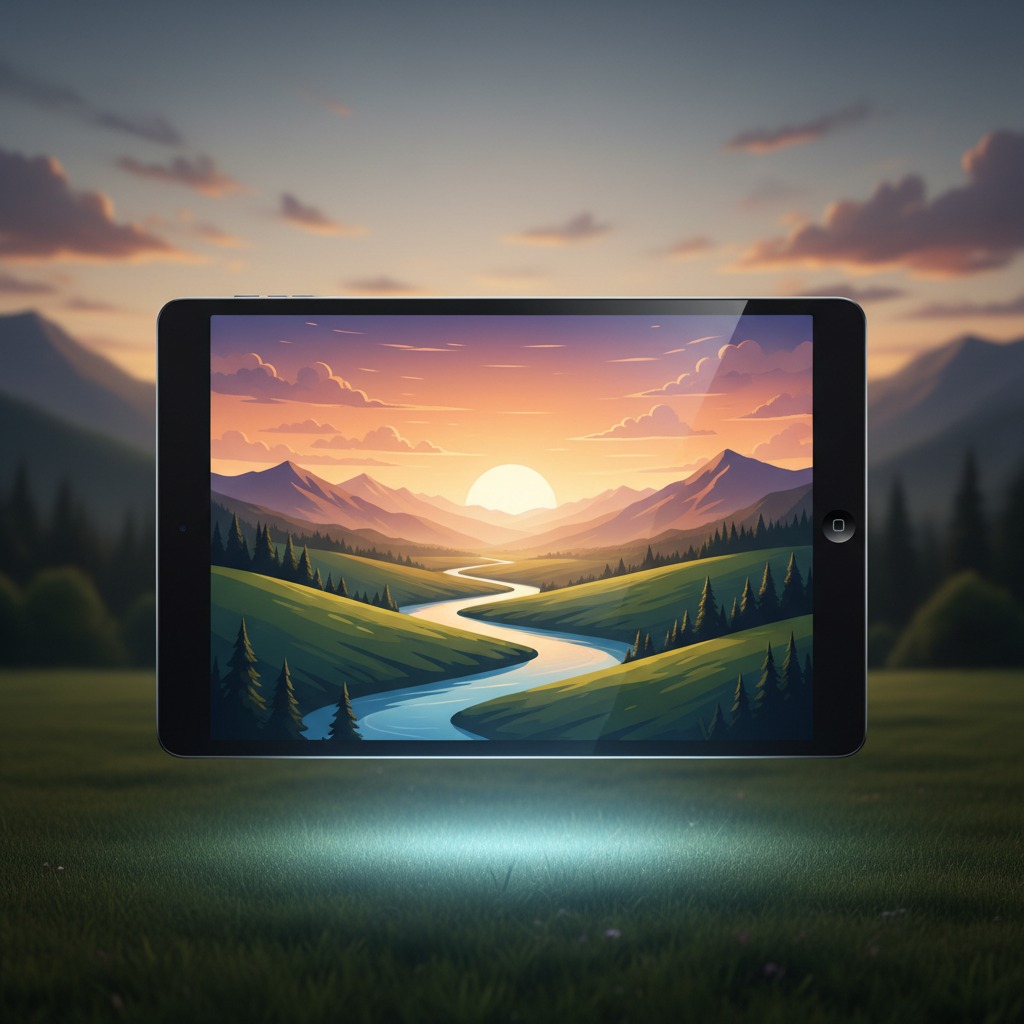 Um tablet flutuante exibe uma paisagem ilustrada de um rio sinuoso entre montanhas ao pôr do sol sobre um campo gramado.