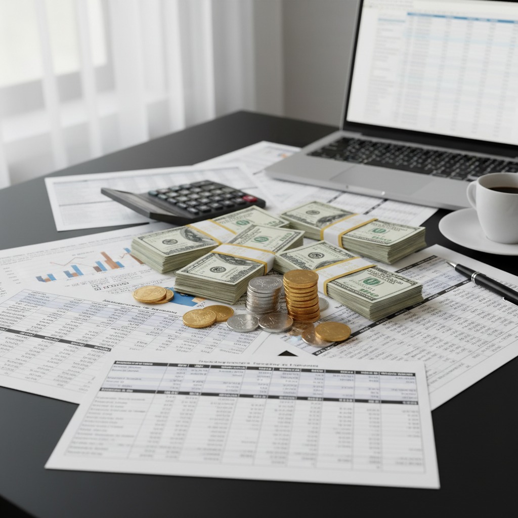 Mesa de escritório com pilhas de notas de dólar, moedas, calculadora, documentos financeiros e um laptop.